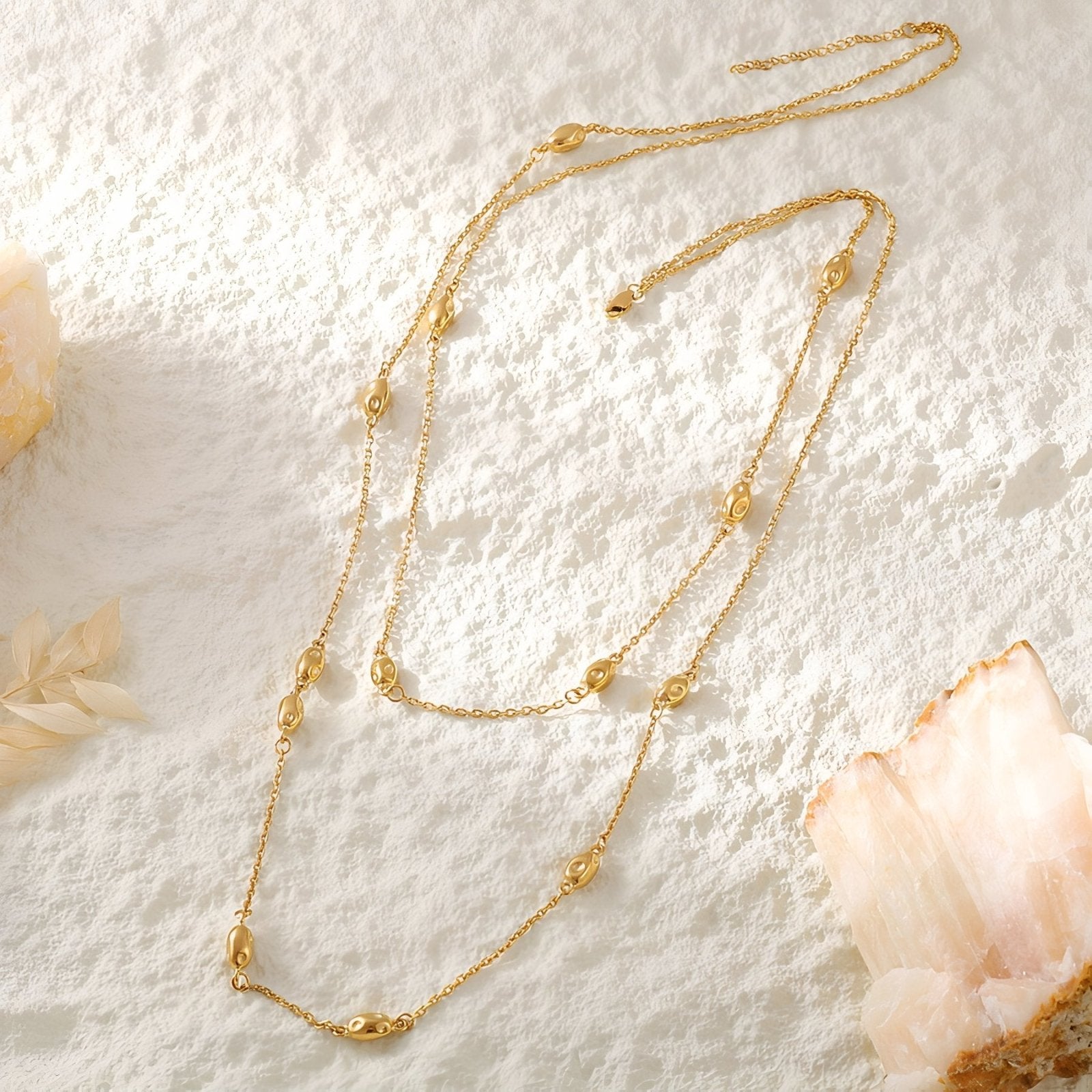 Sautoir double rangs pour femme, maille fine et perles ovales, en acier inoxydable