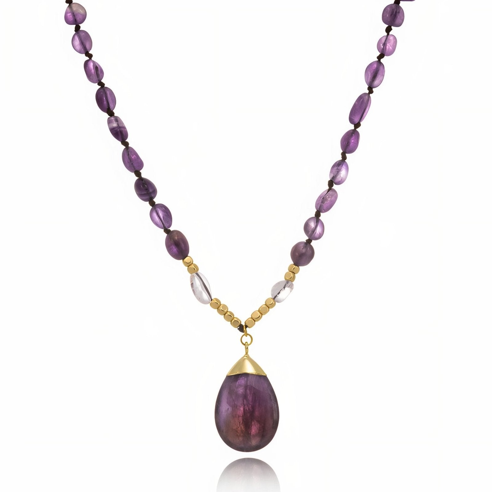 Sautoir en pierres naturelles quartz rose et améthyste, style bohème romantique, modèle Elenya