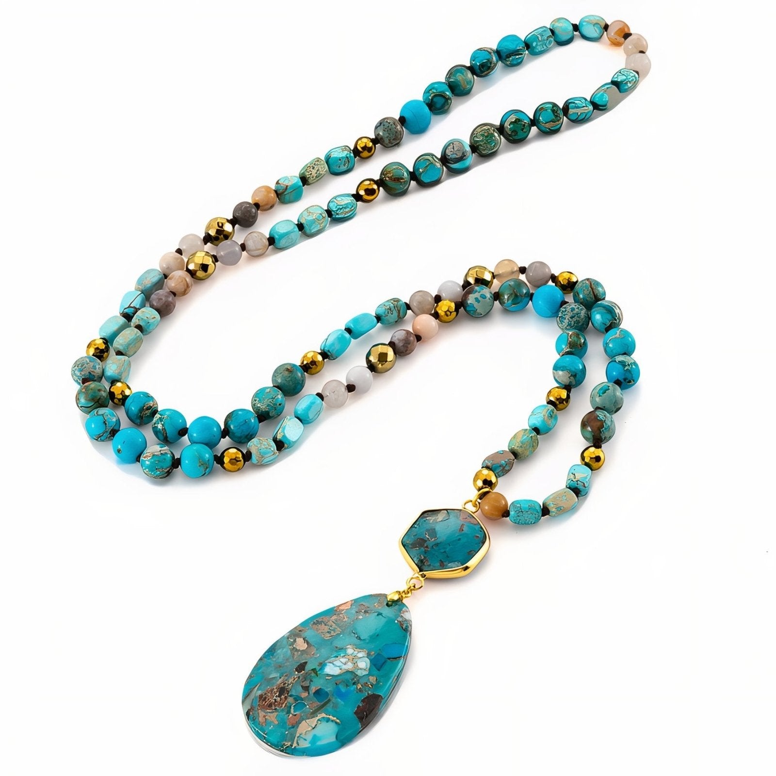 Sautoir en pierres turquoise naturelles d'agate, double pendentif goutte et hexagone, bijou artisanal, modèle Laguna
