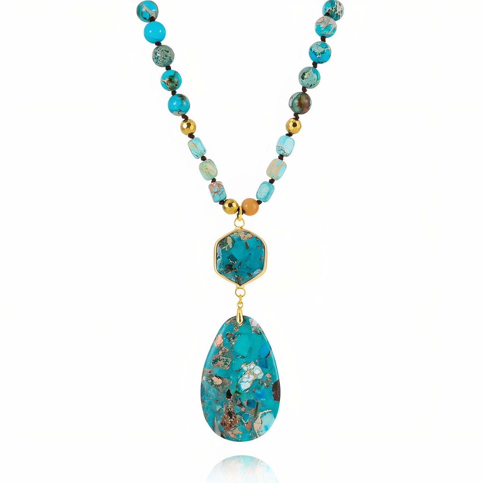 Sautoir en pierres turquoise naturelles d'agate, double pendentif goutte et hexagone, bijou artisanal, modèle Laguna