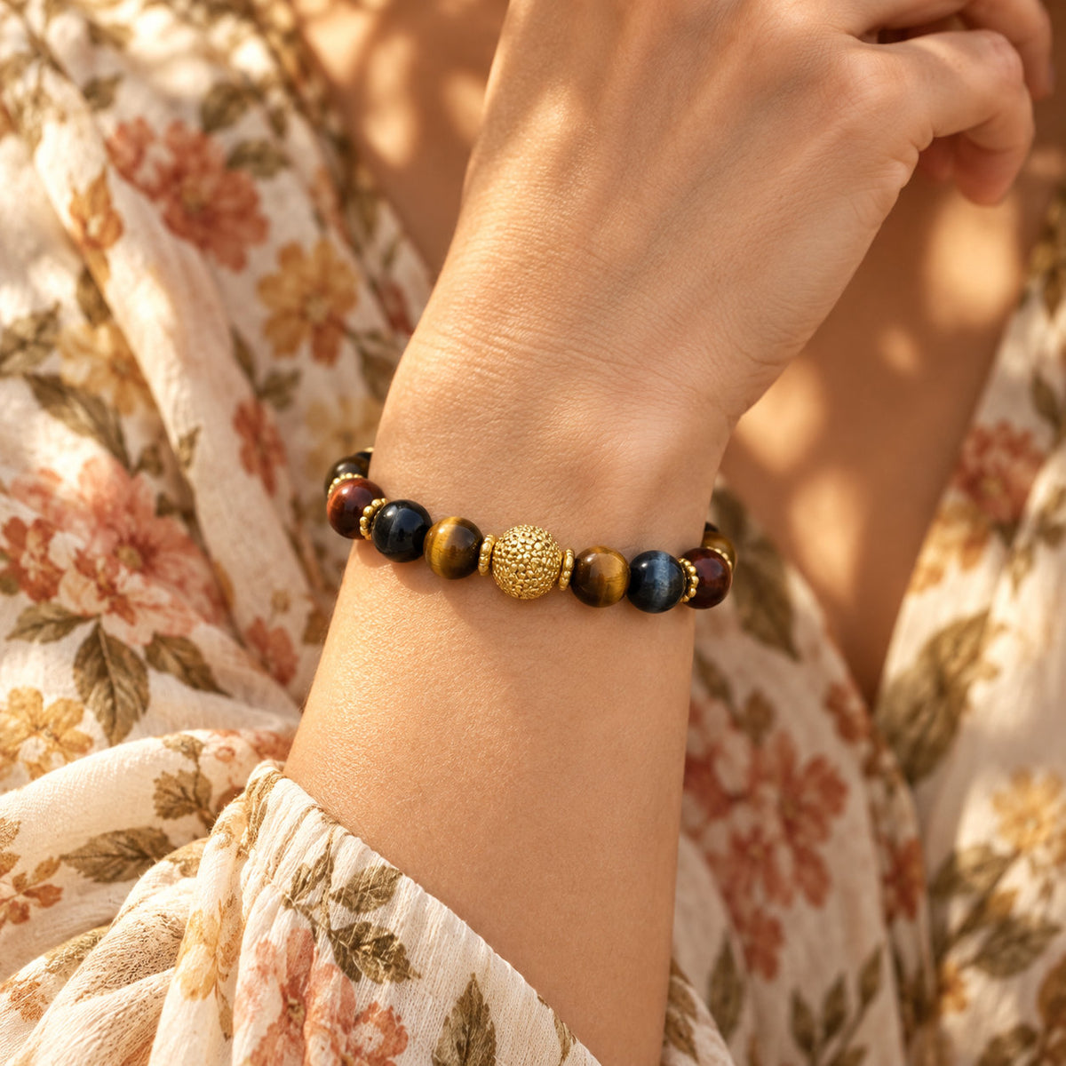 Trivorel-armband met 3 ogen, tijgeroog, valkenoog en stierenoog, symbool van bescherming