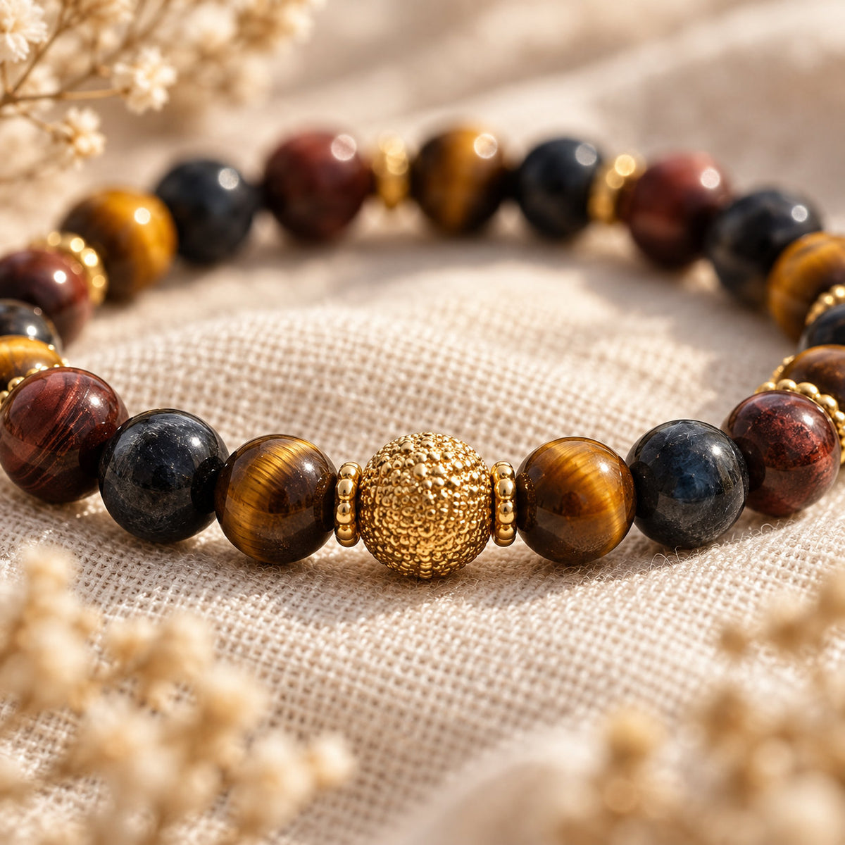 Trivorel-armband met 3 ogen, tijgeroog, valkenoog en stierenoog, symbool van bescherming