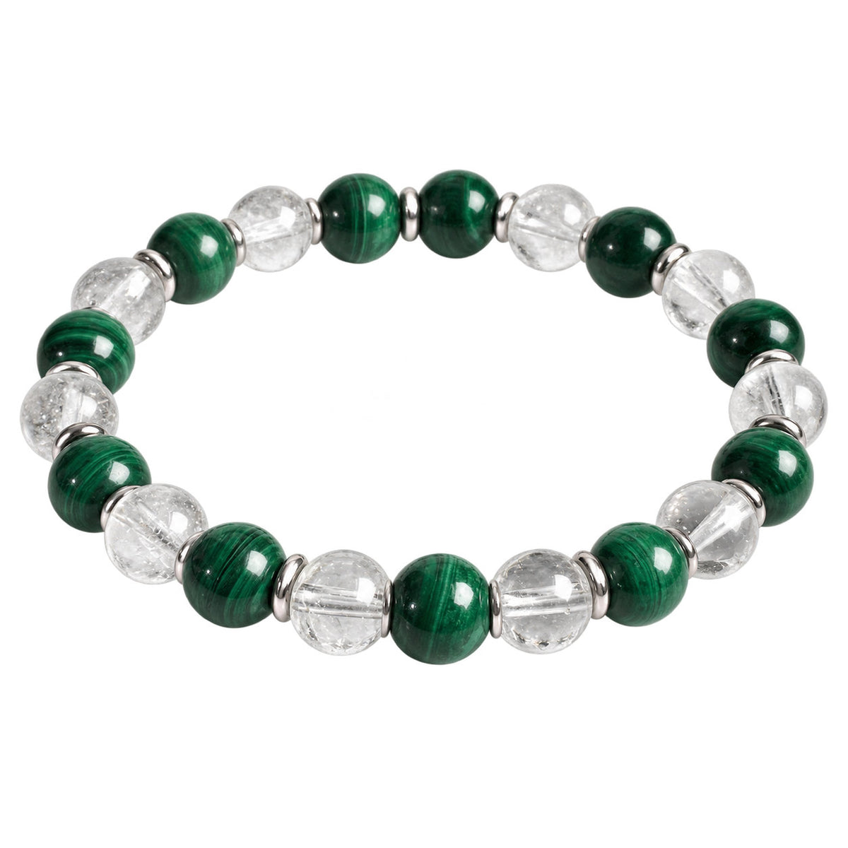 Bracelet Verdélys en malachite et cristal de roche, symbole d’équilibre et de renouveau