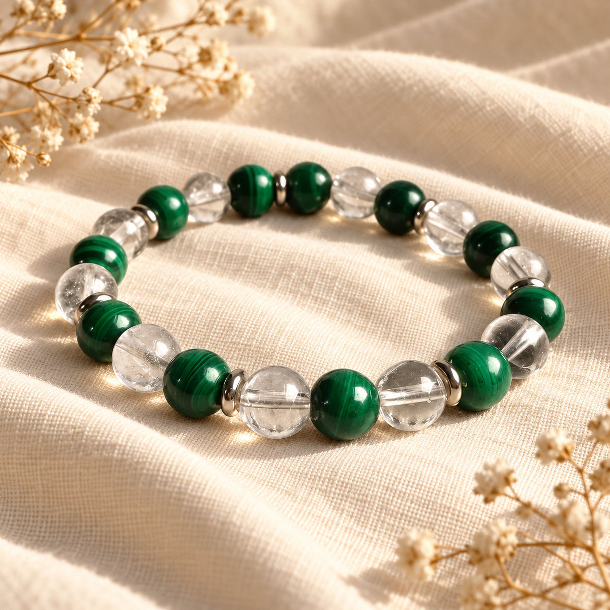 Bracelet Verdélys en malachite et cristal de roche, symbole d’équilibre et de renouveau